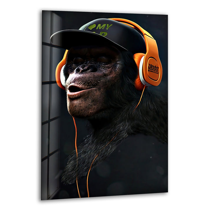 Monkey With Orange Headphones Glass Wall Art print on glass, glass printed photos
