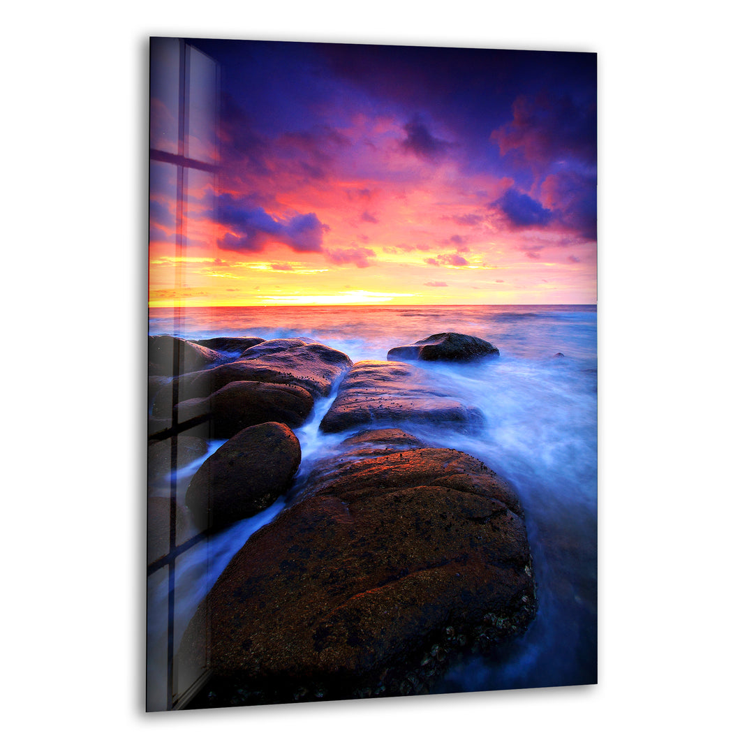 Sunset on Volcanic Rocks Glass Wall Art print on glass, glass printed photos