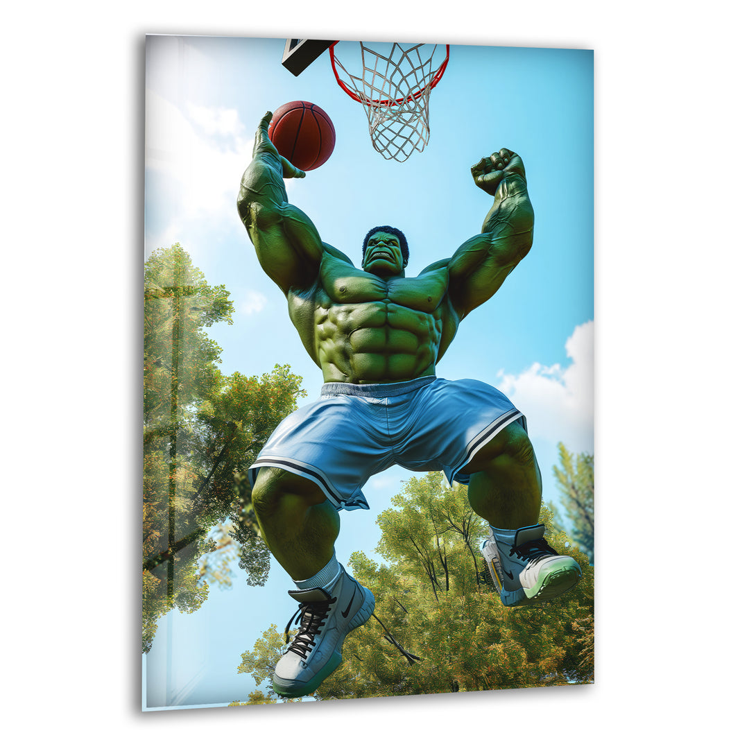 Hulk Playing Basketball Glass Wall Art glass image printing, glass prints from photos
