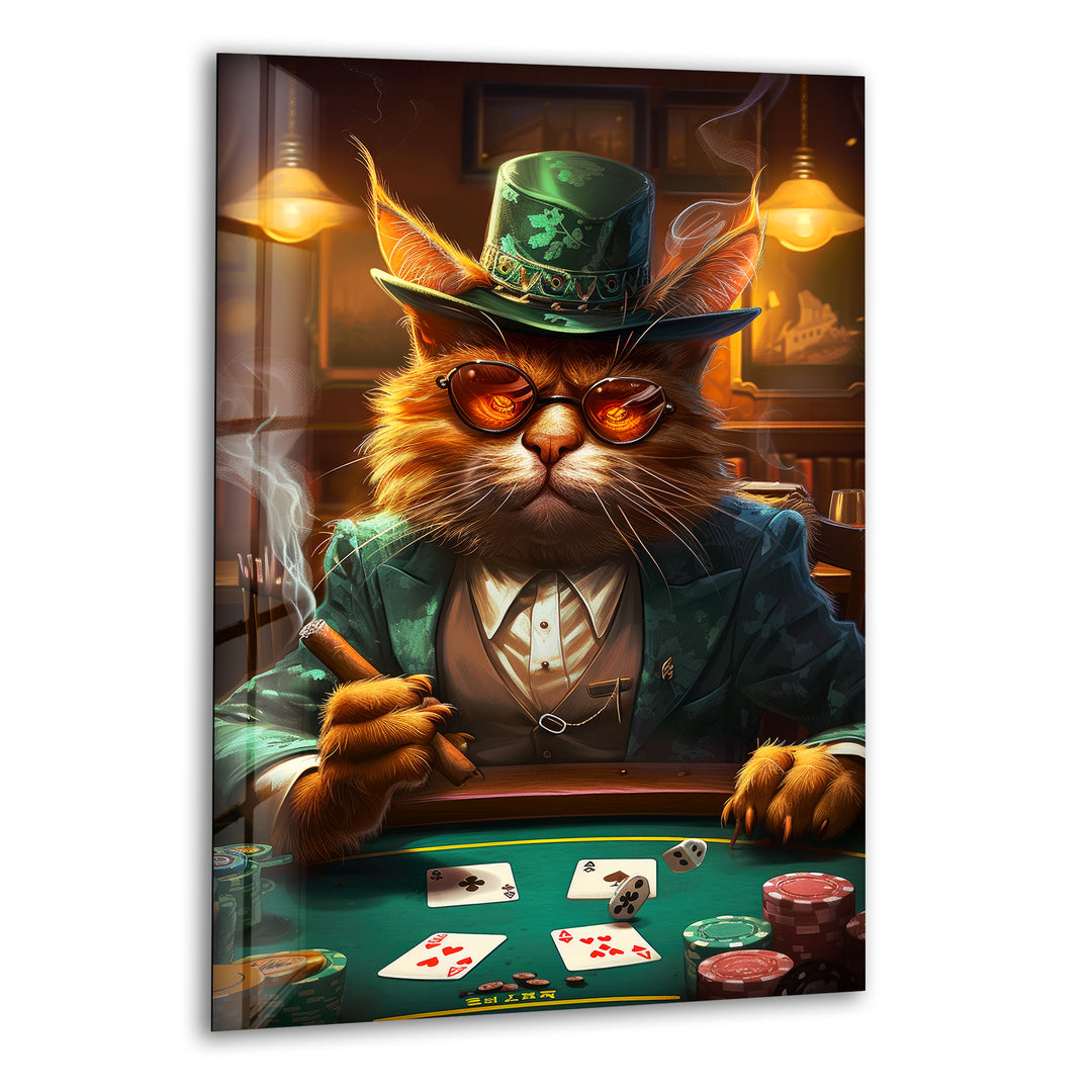 Poker Cat Glass Wall Art picture on glass wall art, photos printed on glass
