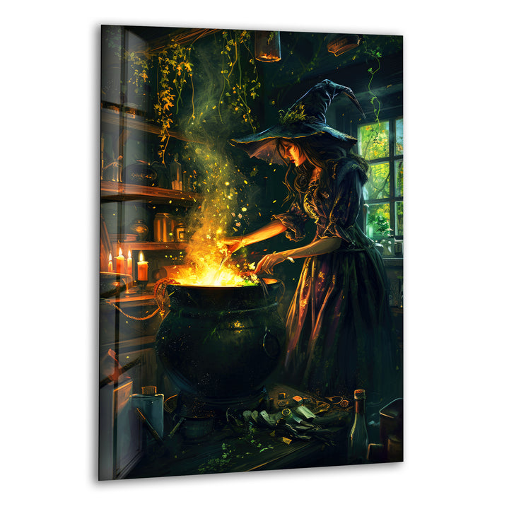 Witch and Her Cauldron Tempered Glass Wall Art