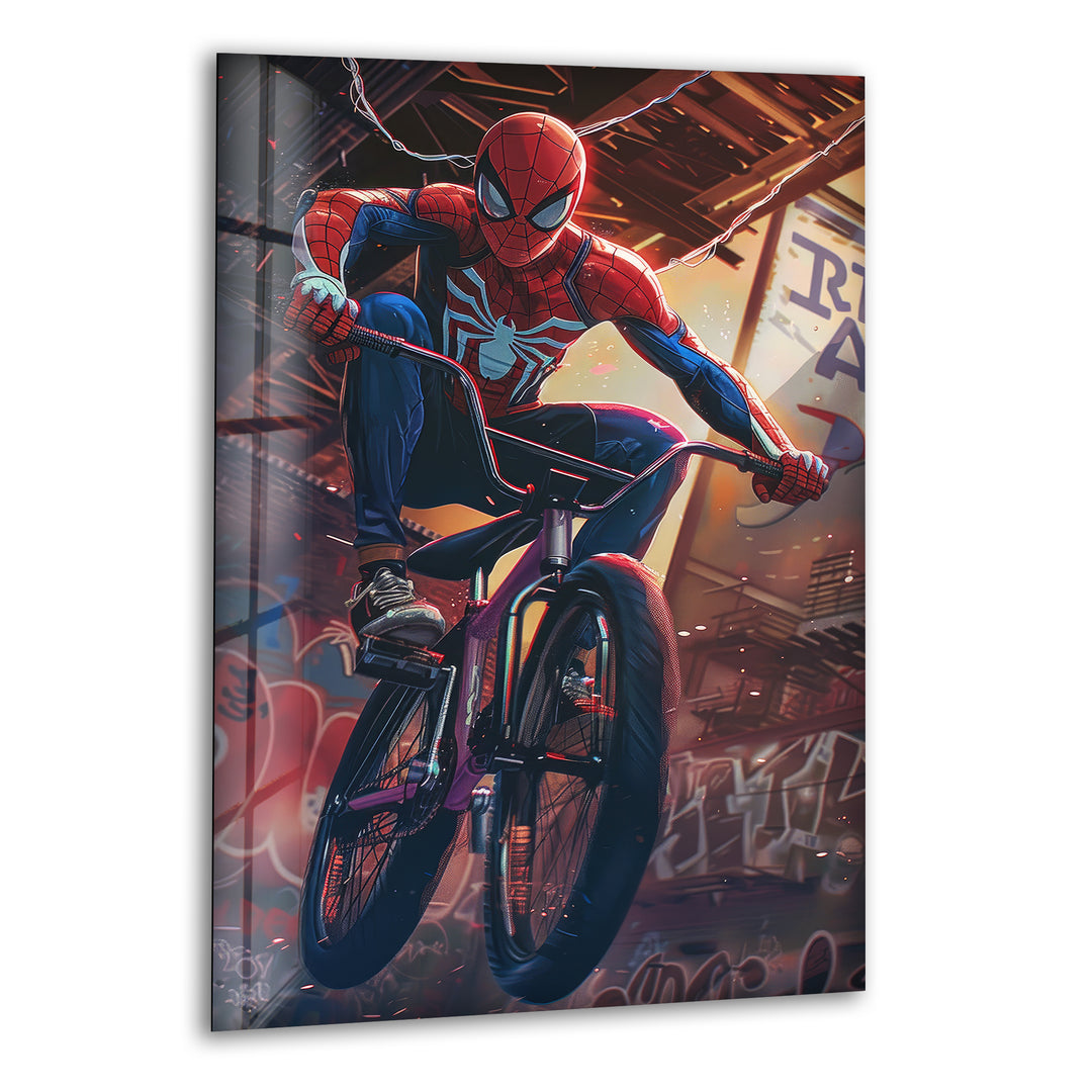 Spider Man with BMX Glass Wall Art print picture on glass, Tempered Glass Wall Art
