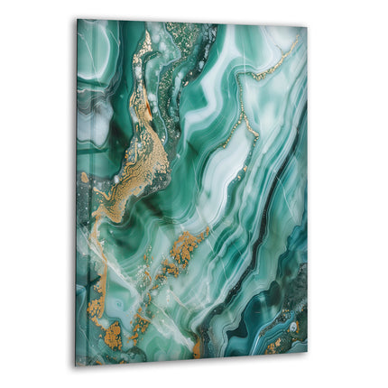 A Green and Gold Marble Glass Wall Art featuring a close-up of a marbled surface, highlighting intricate patterns and textures.