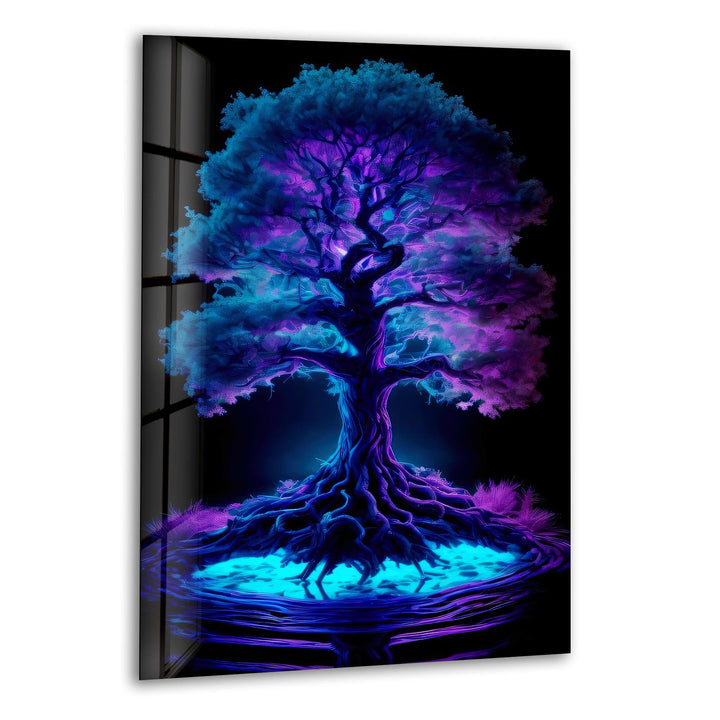 Blue Purple Tree Stained Glass Wall Art print picture on glass, Tempered Glass Wall Art