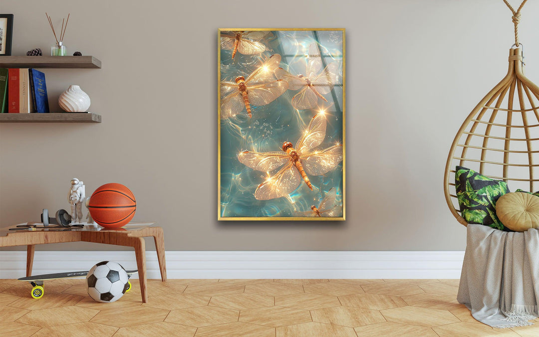 Shiny Dragonflys Glass Wall Art custom glass photo prints, large glass prints
