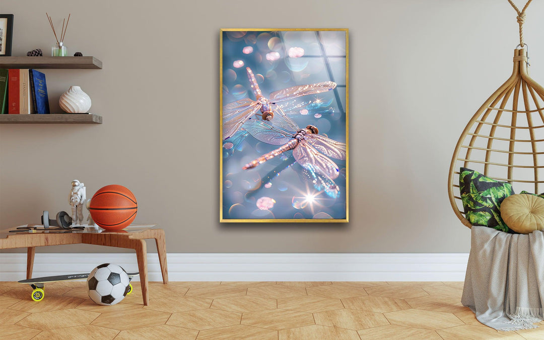 Shiny Pink Dragonflys Glass Wall Art custom glass pictures, glass art prints
