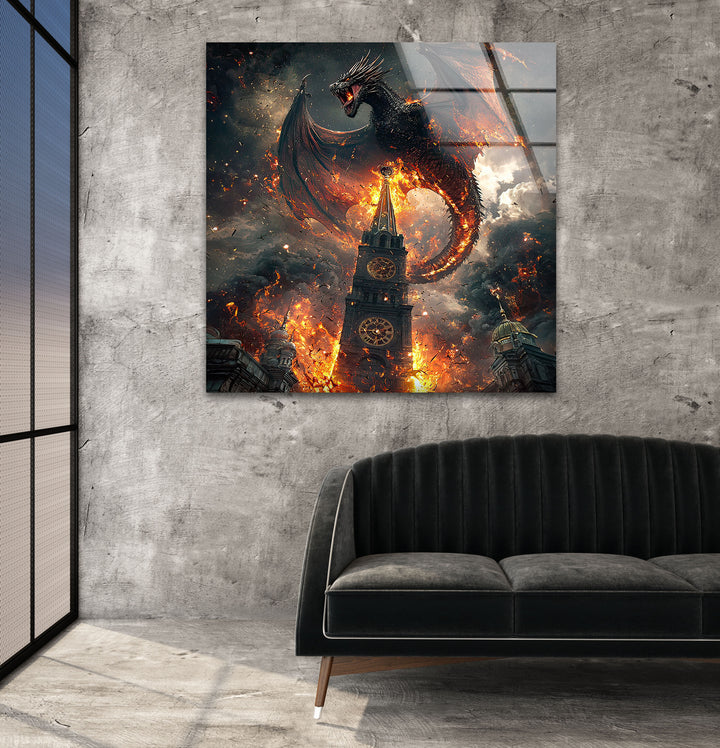 Dragon On Fire Glass Wall Art picture on glass wall art, photos printed on glass
