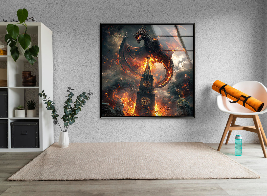 Dragon On Fire Glass Wall Art print on glass, glass printed photos
