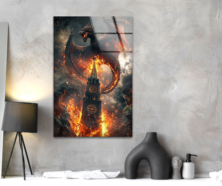 Dragon On Fire Glass Wall Art glass art painting, glass art for the Wall
