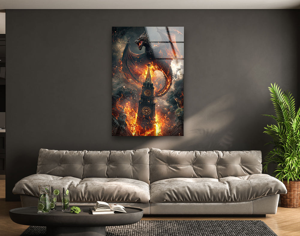 Dragon On Fire Glass Wall Art custom glass photo prints, large glass prints
