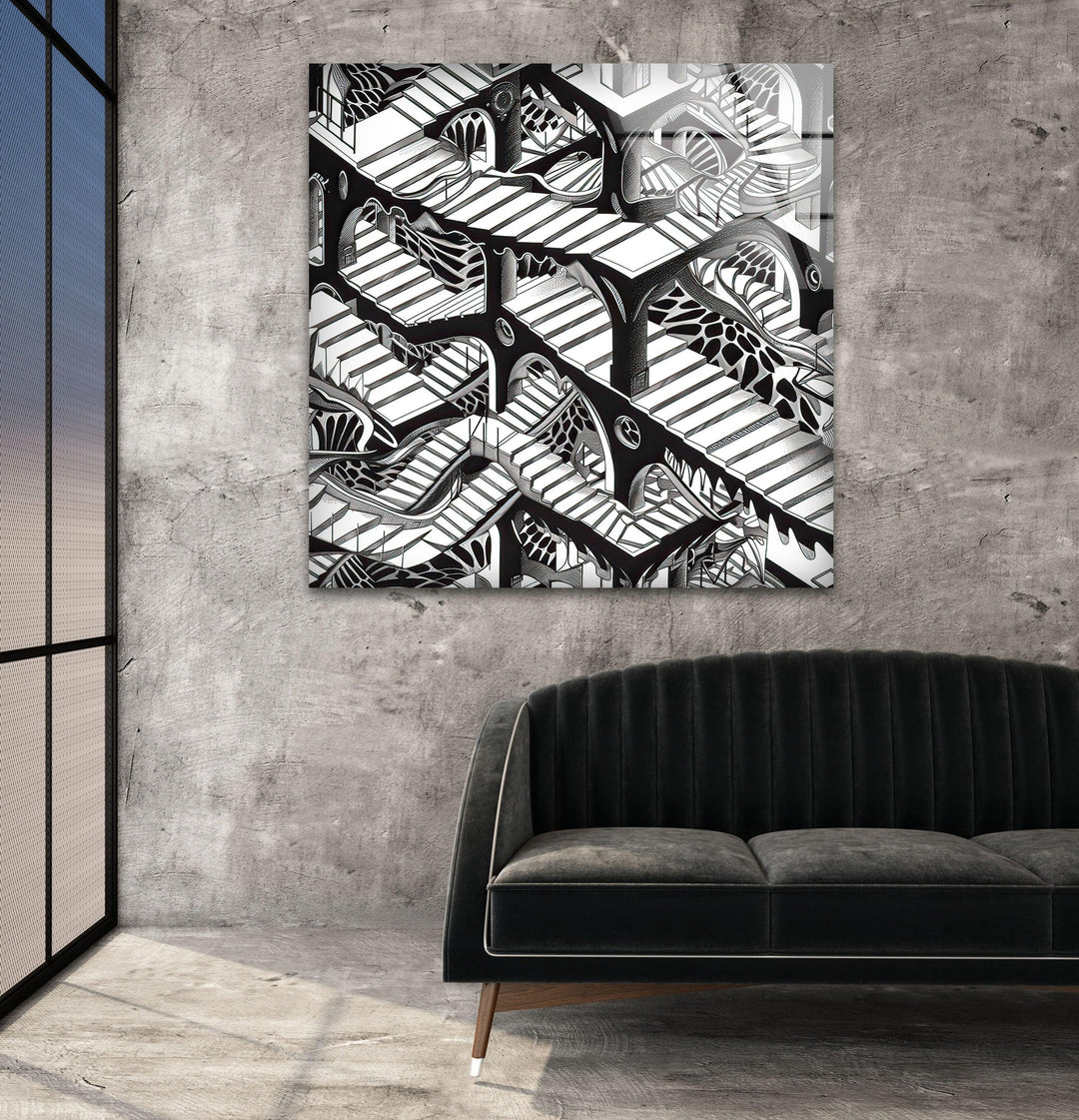 Escher Black & White Glass Wall Art stained glass wall art, stained glass wall decor
