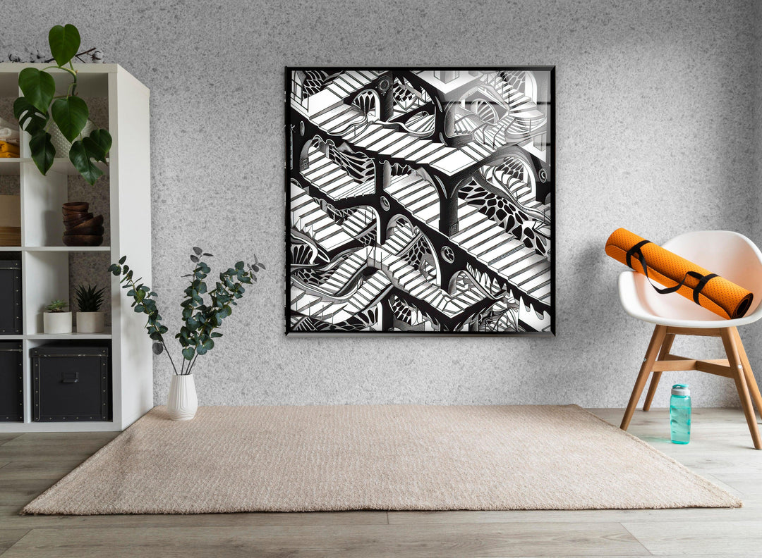 Escher Black & White Glass Wall Art glass art painting, glass art for the Wall
