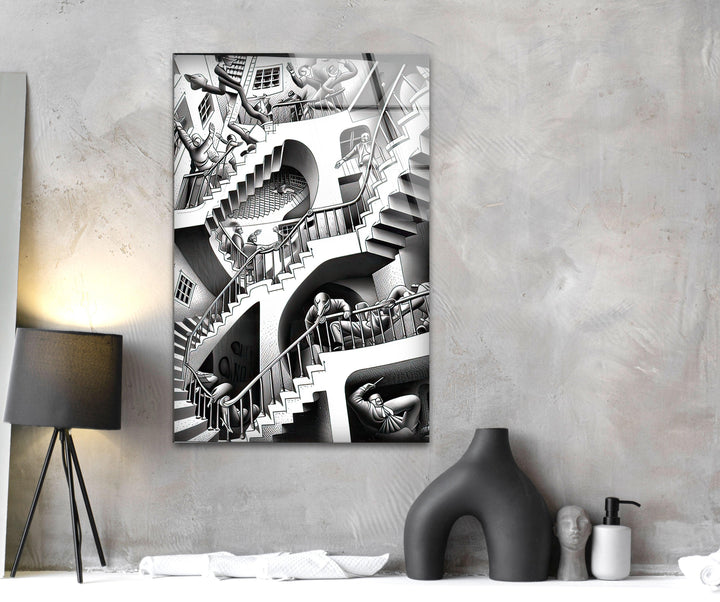 Escher Realivity 1953 Glass Wall Art custom glass pictures, glass art prints
