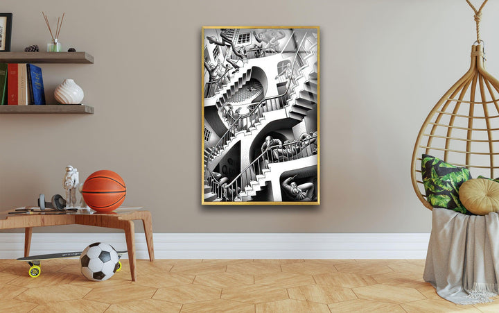 Escher Realivity 1953 Glass Wall Art photo print on glass, prints on glass wall art
