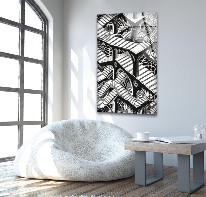 Escher Black & White Glass Wall Art custom glass pictures, glass art prints
