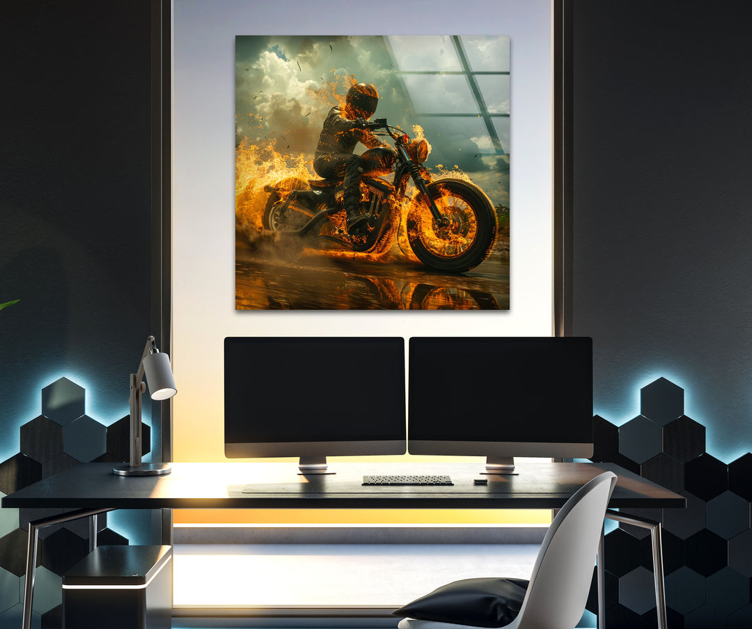 Fiery Motorcycle and Rider Glass Wall Art print picture on glass, Tempered Glass Wall Art
