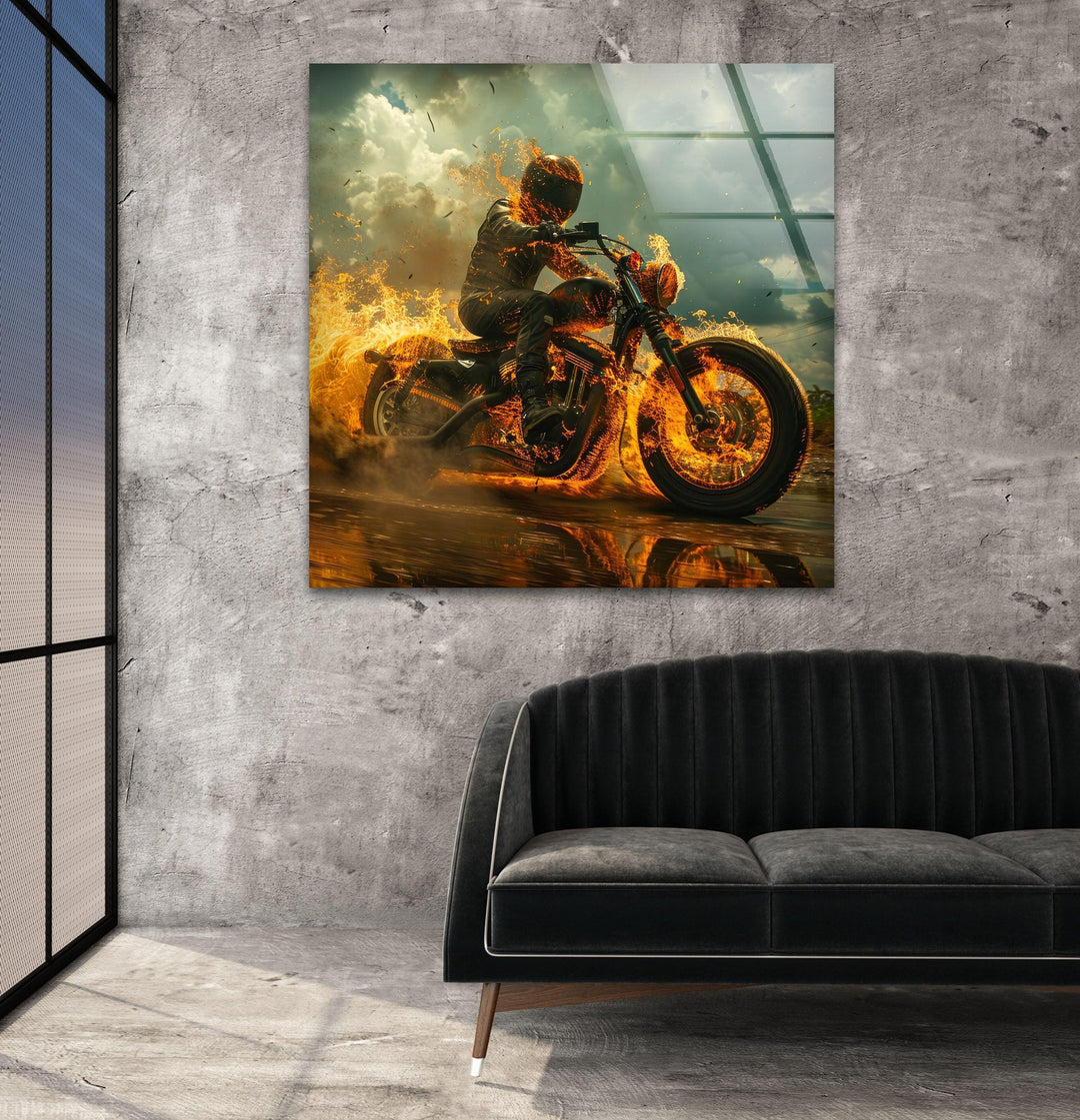 Fiery Motorcycle and Rider Glass Wall Art custom glass pictures, glass art prints
