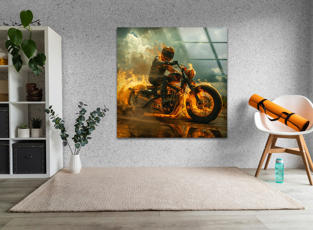 Fiery Motorcycle and Rider Glass Wall Art print on glass, glass printed photos
