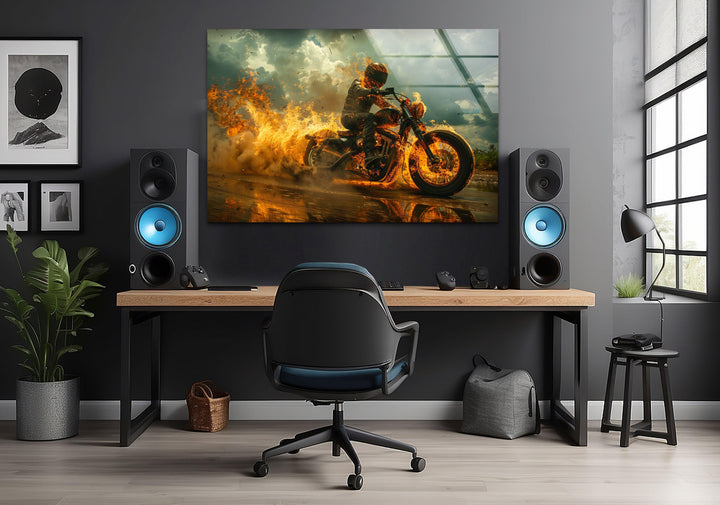 Fiery Motorcycle and Rider Glass Wall Art custom glass photo prints, large glass prints
