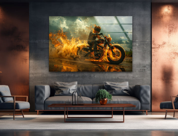 Fiery Motorcycle and Rider Glass Wall Art stained glass wall art, stained glass wall decor
