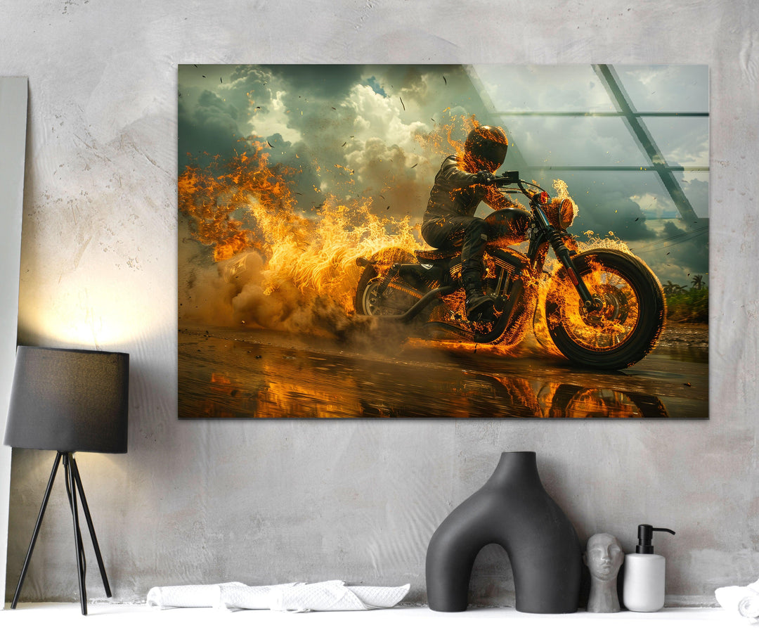 Fiery Motorcycle and Rider Glass Wall Art glass wall decor, glass wall art decor
