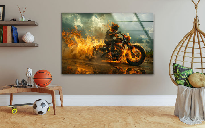 Fiery Motorcycle and Rider Glass Wall Art picture on glass wall art, photos printed on glass
