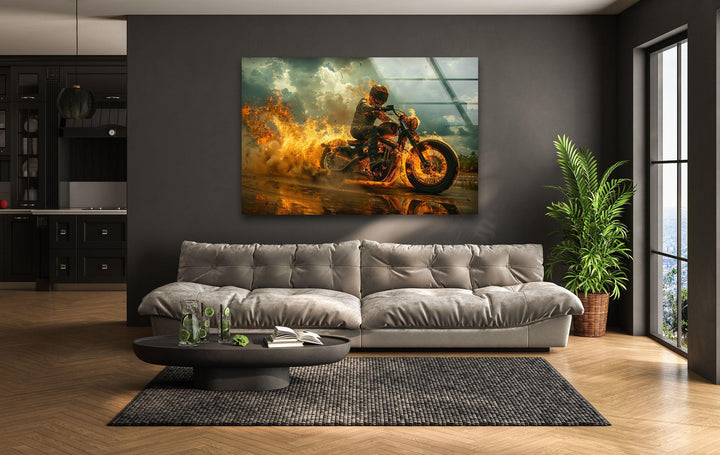 Fiery Motorcycle and Rider Glass Wall Art photo print on glass, prints on glass wall art
