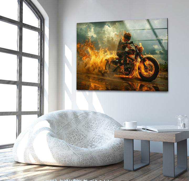 Fiery Motorcycle and Rider Glass Wall Art glass image printing, glass prints from photos
