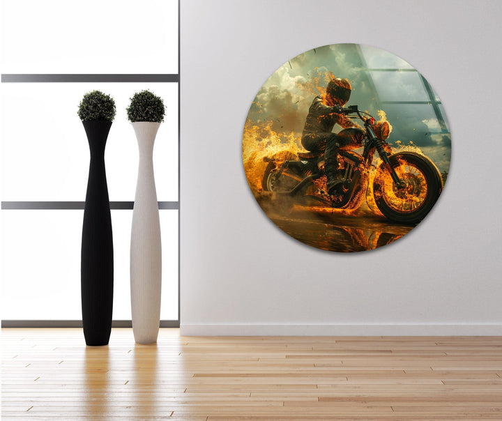 Fiery Motorcycle and Rider Glass Wall Art large glass photo prints, glass wall photos
