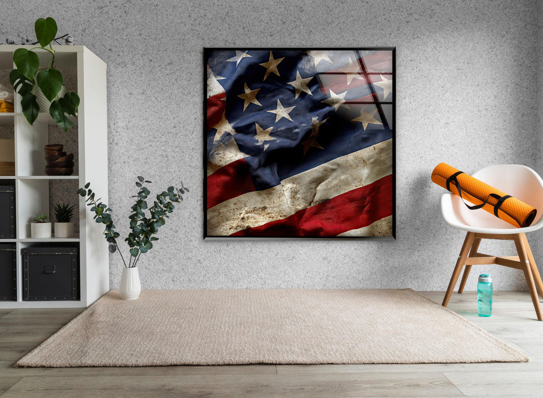 Old American Flag Glass Wall Art print picture on glass, Tempered Glass Wall Art
