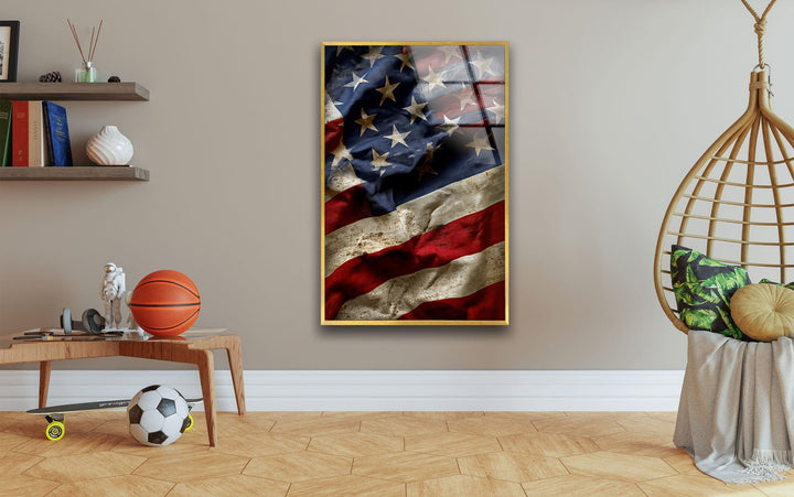 Old American Flag Glass Wall Art large glass photo prints, glass wall photos
