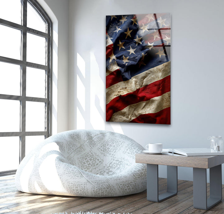 Old American Flag Glass Wall Art custom glass photo prints, large glass prints
