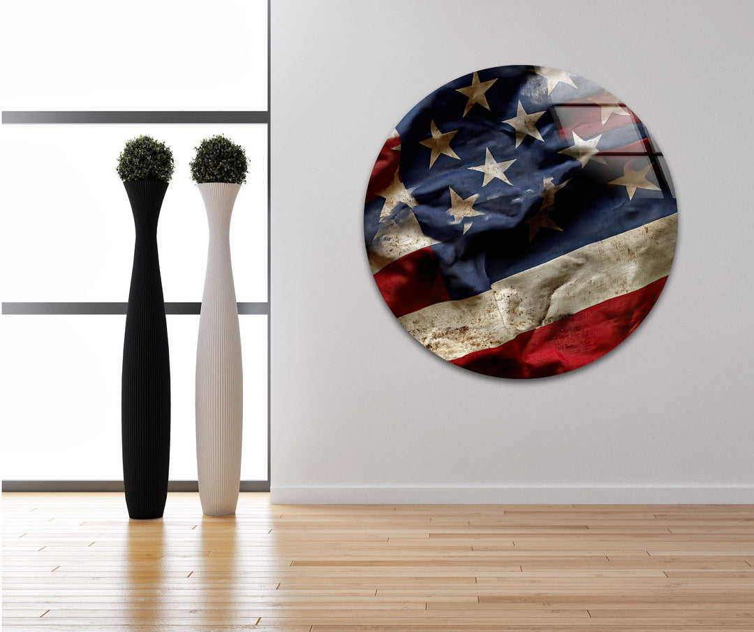 Old American Flag Glass Wall Art picture on glass wall art, photos printed on glass
