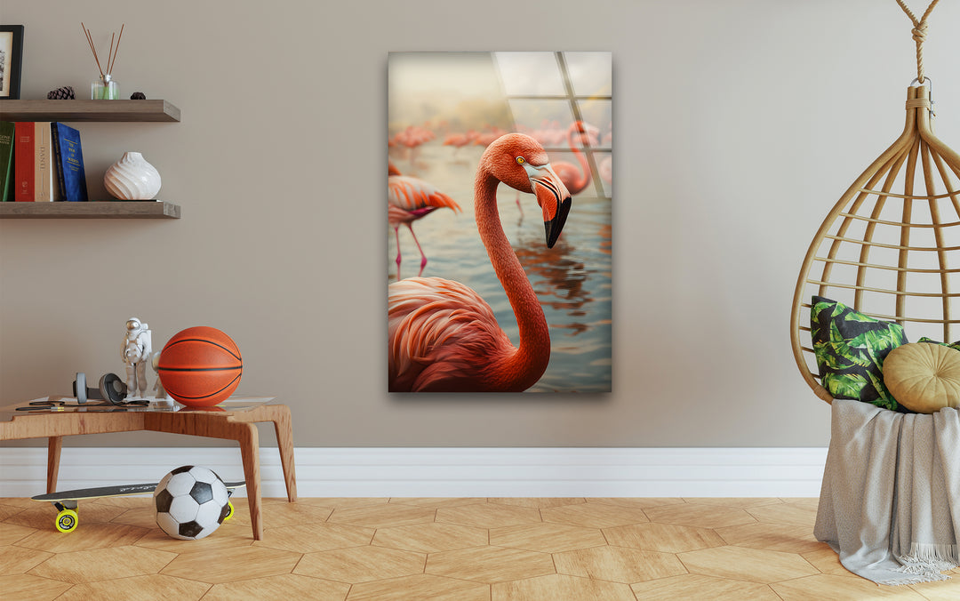 Flock of Flamingos Glass Wall Art picture on glass wall art, photos printed on glass
