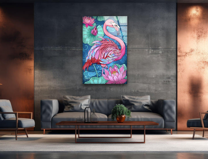 Flamingo in Water Glass Wall Art photo print on glass, prints on glass wall art
