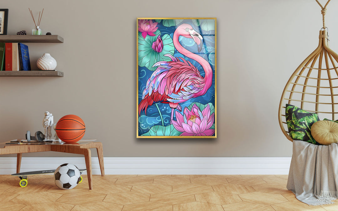 Flamingo in Water Glass Wall Art custom glass photo prints, large glass prints
