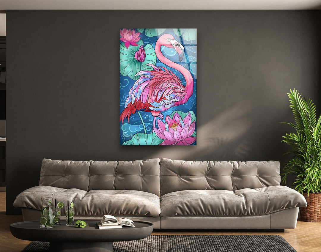 Flamingo in Water Glass Wall Art Glass Printing Wall Art, Print photos on glass
