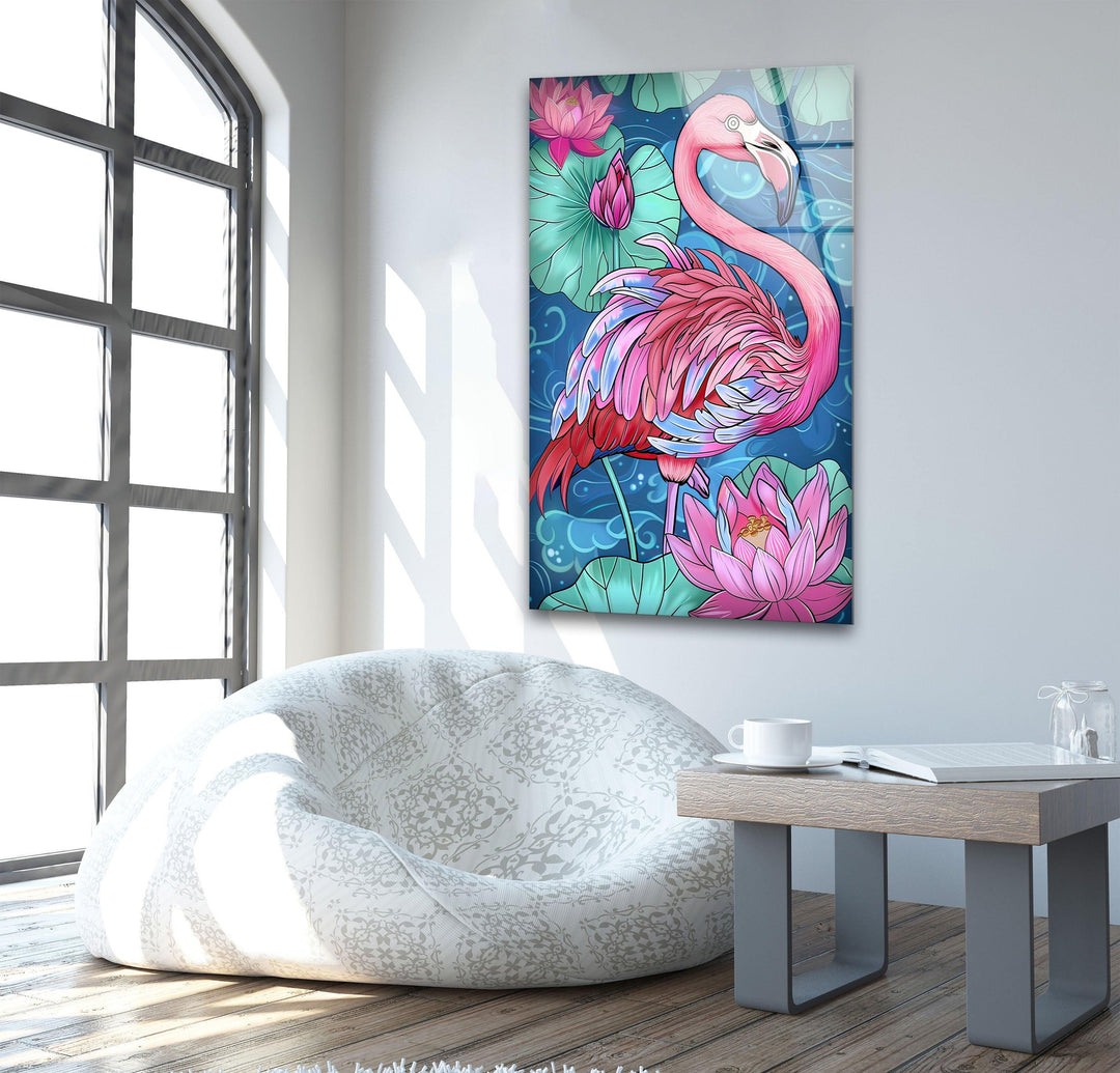 Flamingo in Water Glass Wall Art picture on glass wall art, photos printed on glass
