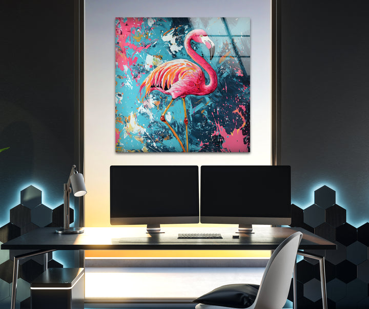 Oil Painting Flamingo Glass Wall Art print picture on glass, Tempered Glass Wall Art
