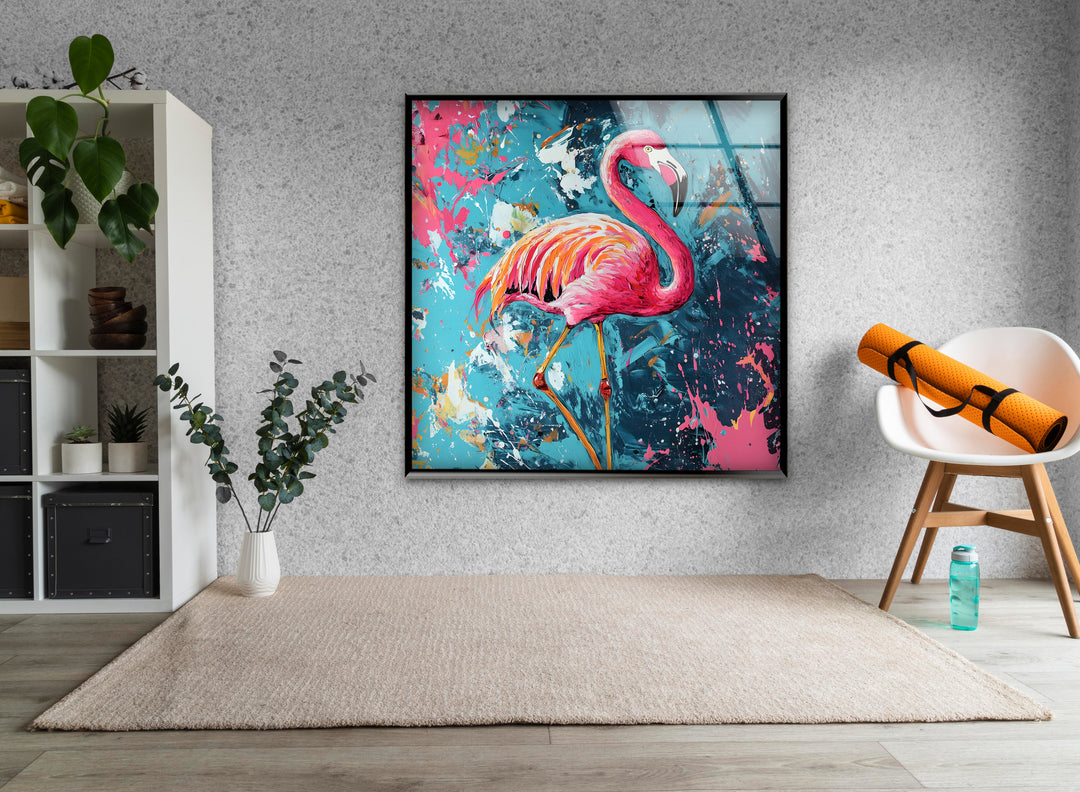 Oil Painting Flamingo Glass Wall Art print on glass, glass printed photos
