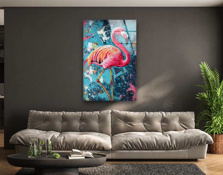 Oil Painting Flamingo Glass Wall Art photo print on glass, prints on glass wall art
