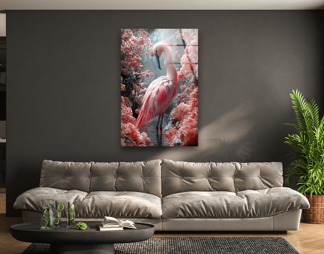 Soft Pink Flamingo Glass Wall Art picture on glass wall art, photos printed on glass
