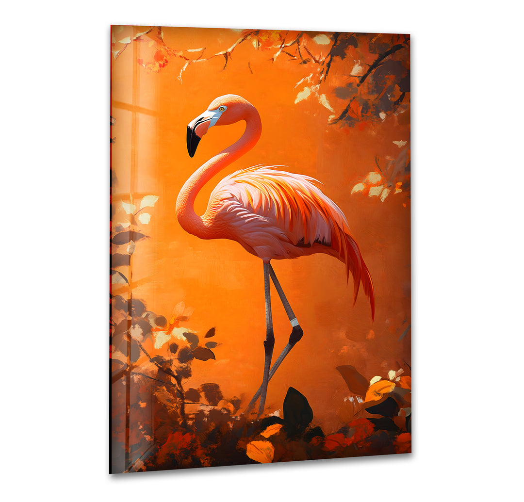 Flamingo in the Orange Forest Glass Wall Art print picture on glass, Tempered Glass Wall Art