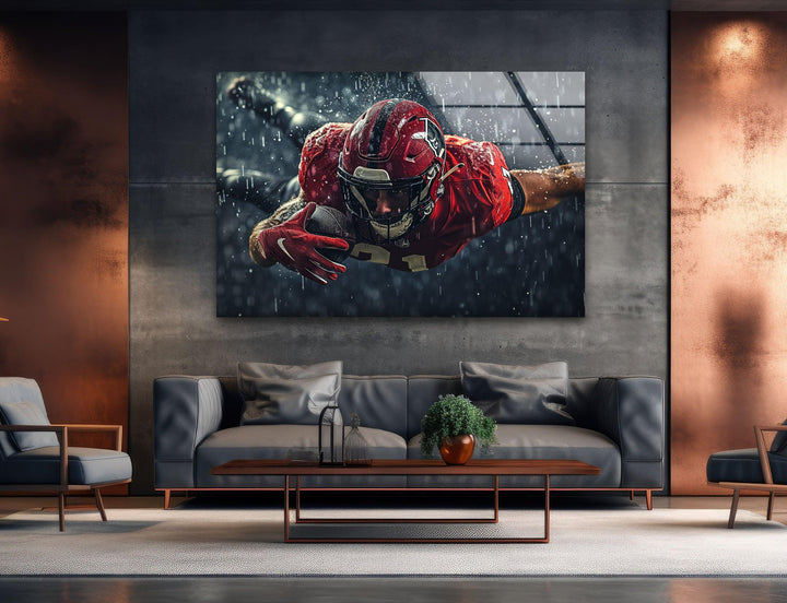 Rainy American Football Glass Wall Art custom glass pictures, glass art prints
