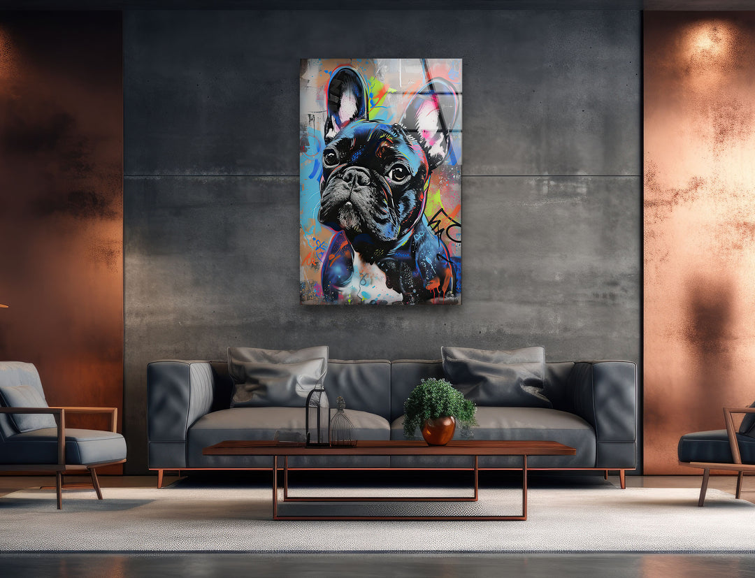 French Bulldog Graffiti Glass Wall Art photo print on glass, prints on glass wall art
