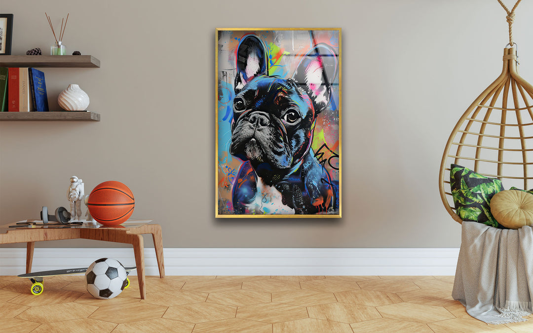 French Bulldog Graffiti Glass Wall Art custom glass photo prints, large glass prints
