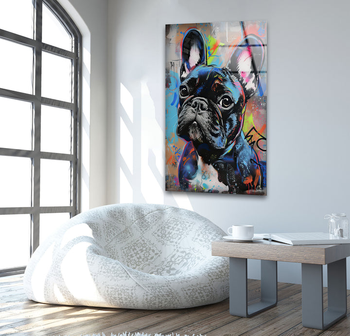 French Bulldog Graffiti Glass Wall Art picture on glass wall art, photos printed on glass
