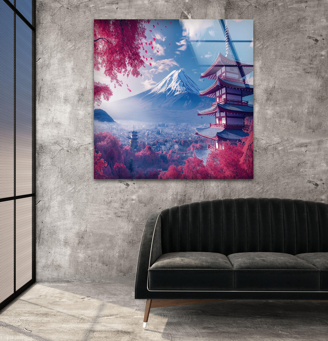 Fuji in Japan With The Pagoda Pink Glass Wall Art stained glass wall art, stained glass wall decor
