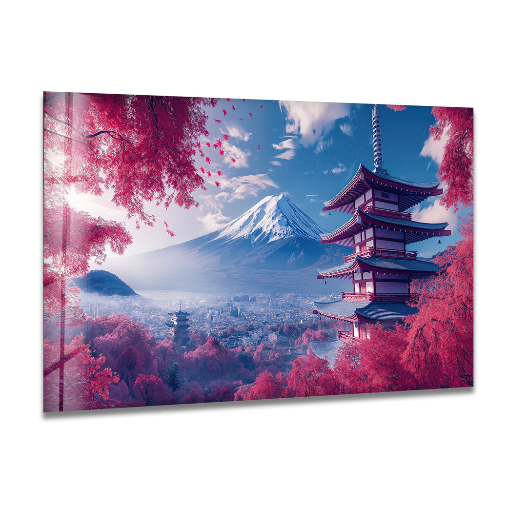 Fuji in Japan With The Pagoda Pink Glass Wall Art print picture on glass, Tempered Glass Wall Art
