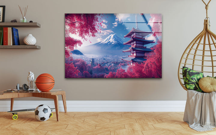 Fuji in Japan With The Pagoda Pink Glass Wall Art glass pictures for Wall, glass prints wall art
